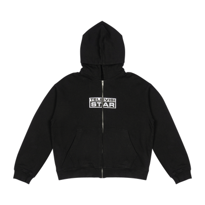 BOXY ZIP UP LOGO HOODIE - BLACK