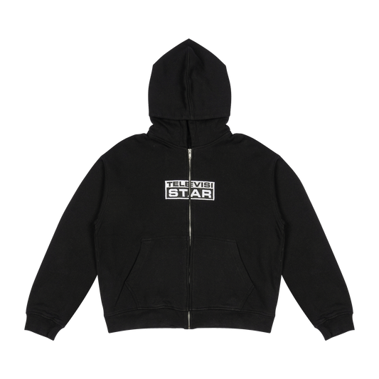 BOXY ZIP UP LOGO HOODIE - BLACK