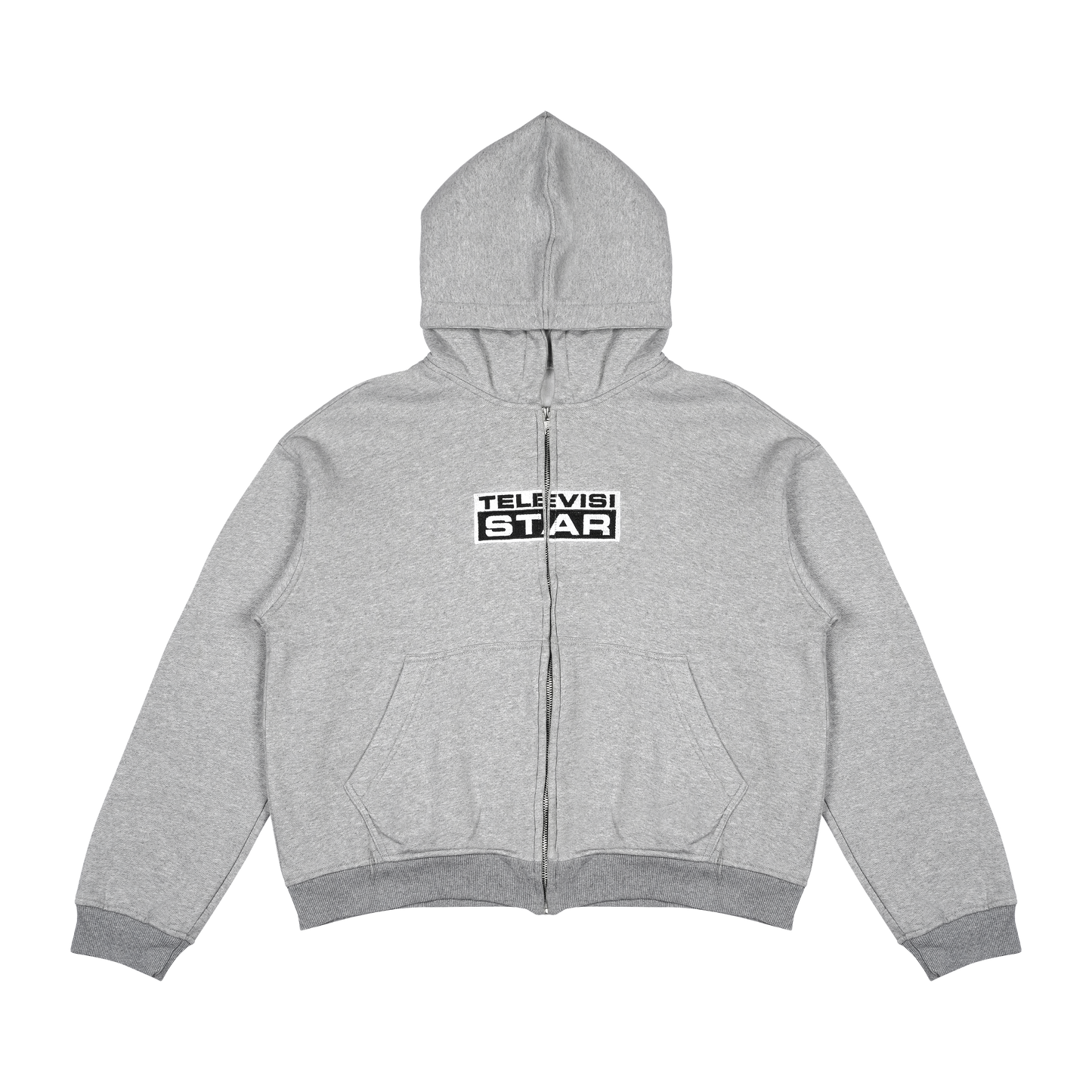 BOXY ZIP UP LOGO HOODIE - GREY