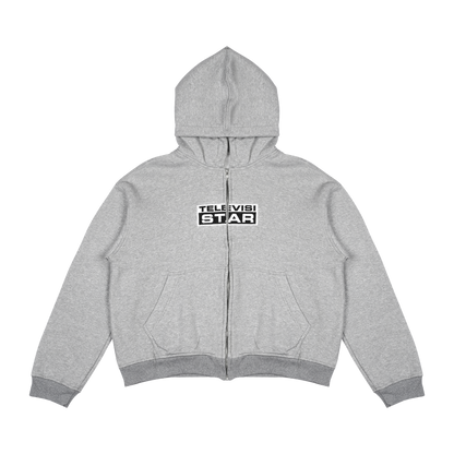 BOXY ZIP UP LOGO HOODIE - GREY