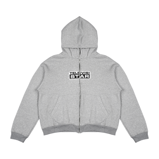 BOXY ZIP UP LOGO HOODIE - GREY